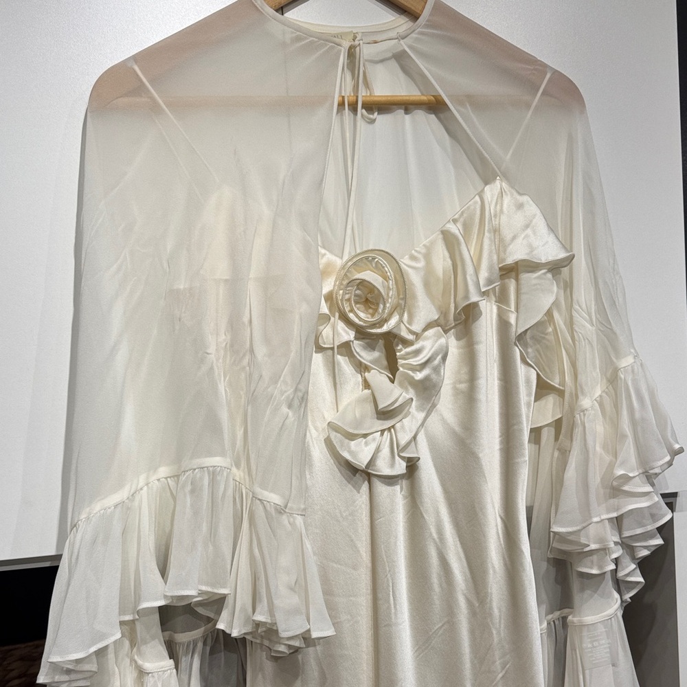 Ivory Ruffled Silk Dress with Sheer Cape - Picture 3 of 9